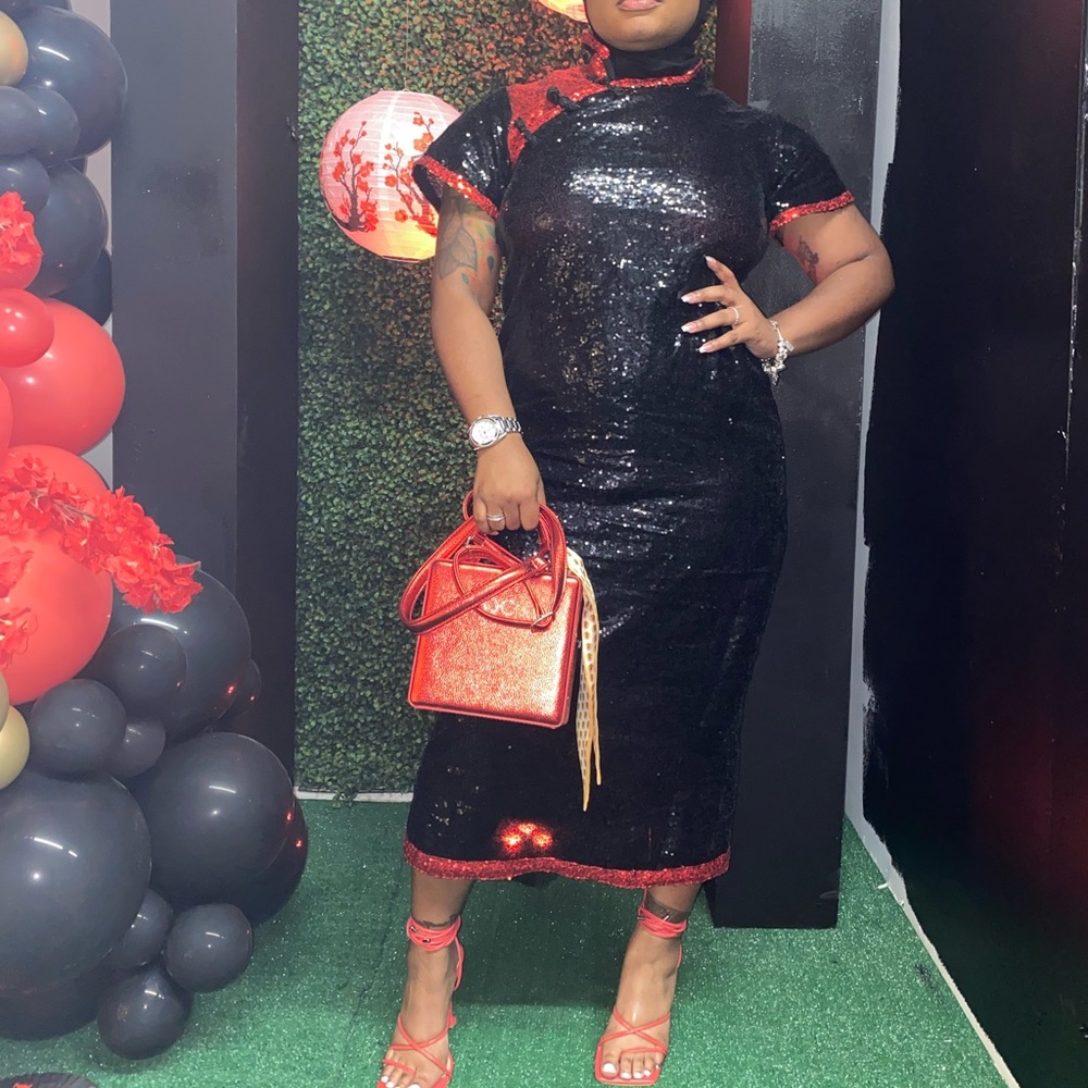 Custom Qipao Dress in black and red sequin